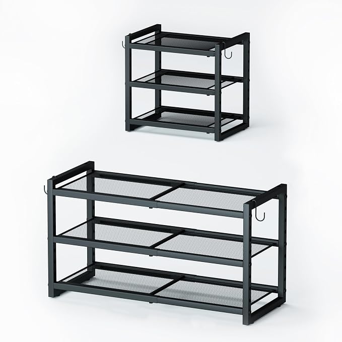 CHEMPFR Expandable & Stackable Metal Shoe Rack, Heavy-Duty Adjustable Shoe Organizer with Mesh Shelves, Freestanding Shoe Storage for Entryway Closet Garage (Black 3-Tier)