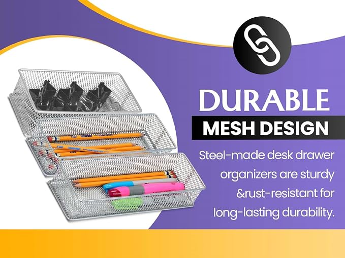 YBM Home Silver Mesh Drawer Organizer and Storage for Kitchen Drawers, Serves as School Supply Holder, Office Desktop Organizer Basket, Makeup and Craft Supplies Organization, (2 Pack, 8x12x2 Inch)