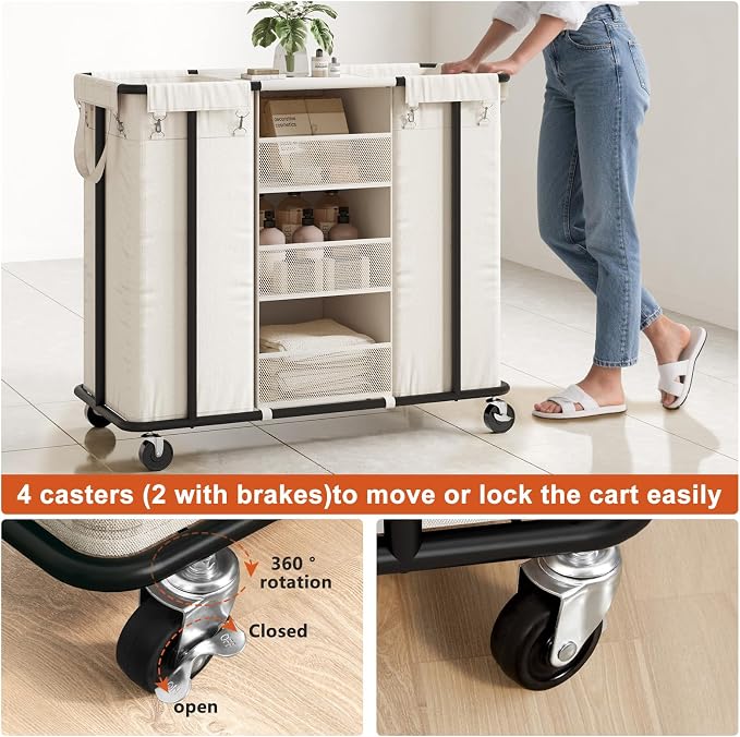 WOWLIVE Laundry Sorter 2 Section, 200L Rolling Laundry Hamper with Wheels | Laundry Cart with Steel Frame, Laundry Basket with Hanging and Removable Bag, Storage Unit Basket Organizer for Dorm, Beige