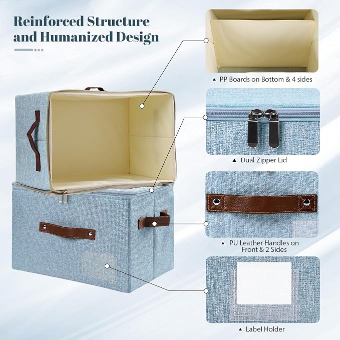ANMINY Storage Bins with Zipper Lid Storage Boxes with Label Holder PU Leather Handles Washable Foldable Decorative Lidded Cotton Linen Fabric Cubes Baskets Closet Organizer - Blue, Medium