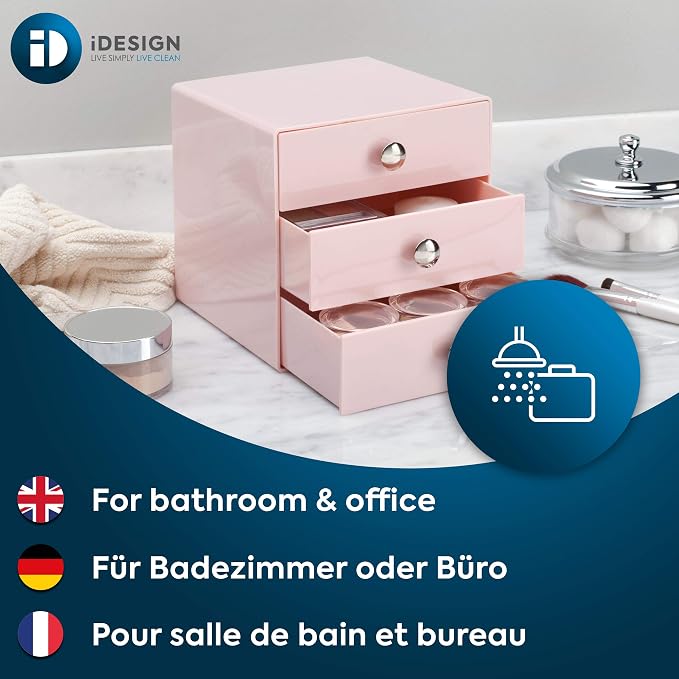iDesign Plastic 3-Drawer Jewelry Box, Pink, 6.5" x 6.5" x 6.5" | Compact Storage Organization, For Cosmetics, Dental Supplies, Hair Care, For Bathroom, Office, Dorm, Desk, Countertop