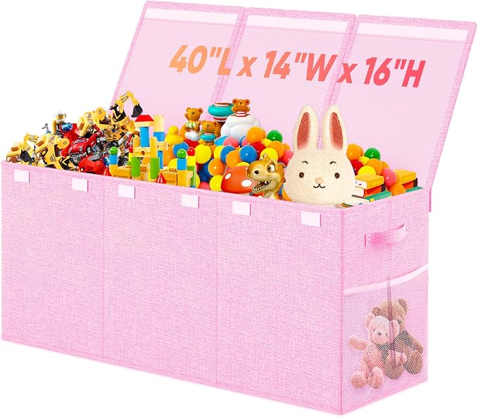 Extra Large Toy Storage Box with Lid Divider, Sturdy Collapsible Toys Organizer Chest Kids Storage Bins Boxes Baskets for Boys, Girls, Nursery, Bedroom, Living Room, Playroom, 40"x14"x16", Pink