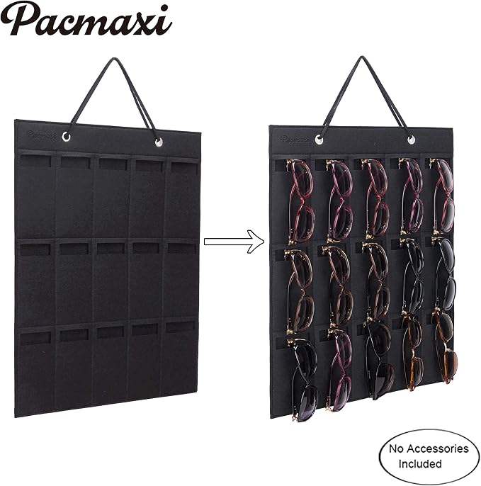 PACMAXI Sunglasses Storage Organizer, Wall Pocket Mounted by Sunglasses, Hanging Eyeglasses Storage Holder, Eyewear Display. (Black, 15 Slot)