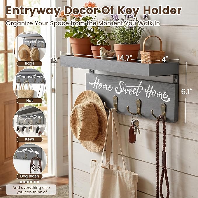 buways Key Holder Wall Mount with 4 Double Hooks-Solid Wood Wall-Mounted Organizer for Keys&Mail Rustic Key Rack Hanger Holder Home Decor for Entryway Living Room (Gray)