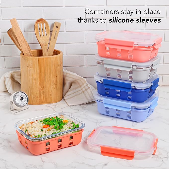 ECOBERI Glass Meal Prep Containers with Silicone Sleeves, 5 Piece 4.5 Cup Set, Borosilicate Glass Food Storage with Leak-Resistant Lids, Oven, Microwave, Freezer and Dishwasher Safe.