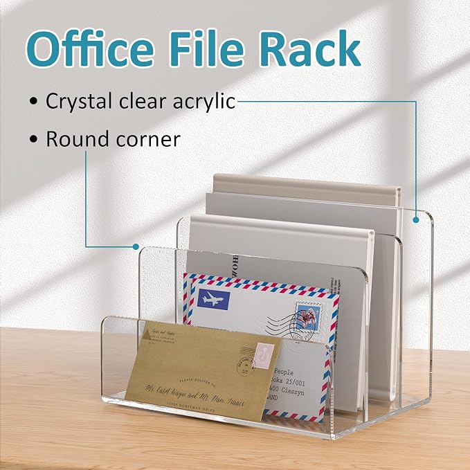 Sezanrpt Acrylic File Holder 3 Compartment, Clear Desk File Organizer, Office Magazine File Folder Organizer Desktop for Calculate, Books