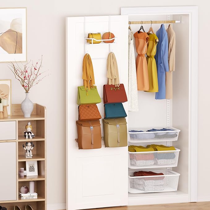 SWTYMIKI Over The Door Purse Organizer - Wall Mounted Purse Rack with 10 Hooks and Metal Basket, Handbag Hanger Organizer Holds up to 10 Bags, Bag Rack Can Use As 1/2 Part, for Door, Closet