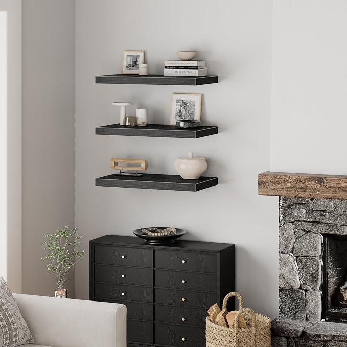 QEEIG 12" Deep Floating Shelves for Wall - 12 x 24 inch Book Shelf Bathroom Bedroom Kitchen Living Room Hanging Bookshelf Farmhouse Set of 3, Black (026-60B3)