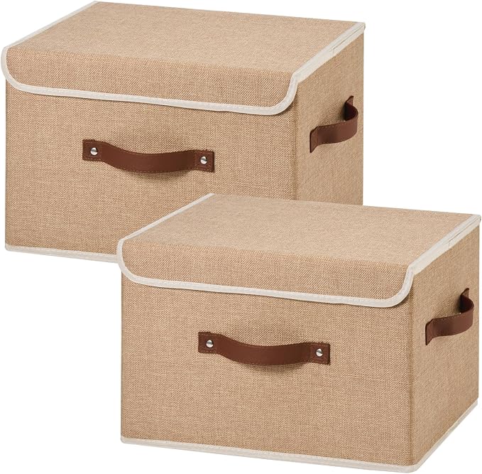 2PCS Collapsible Storage Boxes Baskets with Lid Cotton Linen Fabric Storage Bins with Faux Leather Handles Washable Cube Organizer Container for Home Closet Bedroom (Linen, Large Size)
