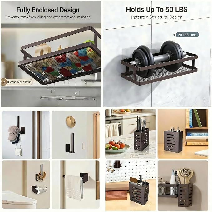 PUSDON 5-in-1 Shower Caddy & Kitchen Organizer Set, Wall Mount Wide Spice Rack with Paper Towel Holder, Utensil Holder, Soap Dish, Rustproof Mesh Baskets Hold 50LBS - Vintage Bronze, Guardrail