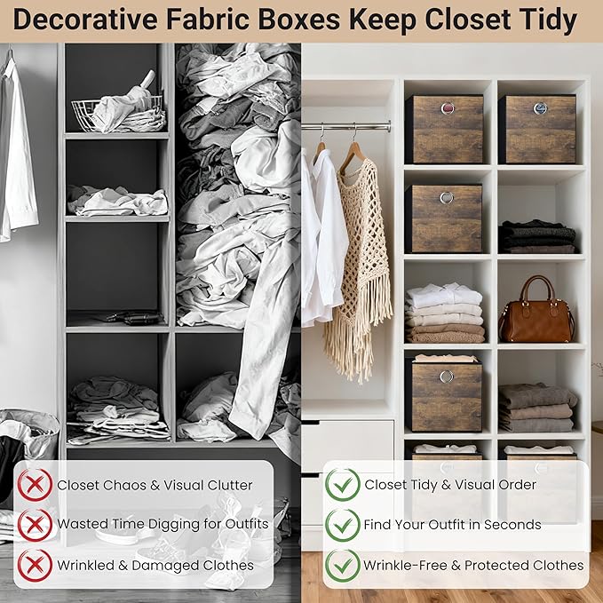 6 Pack Durable Storage Cube Bin with Decorative Wood Grain,Thickened Fabric Box,Storage Basket for Shelf,Closet,Storeroom,Bedroom,Living Room,Nursery,Office,Dorm,RV,10.2x10.2x11in,Brown & Black(Small)