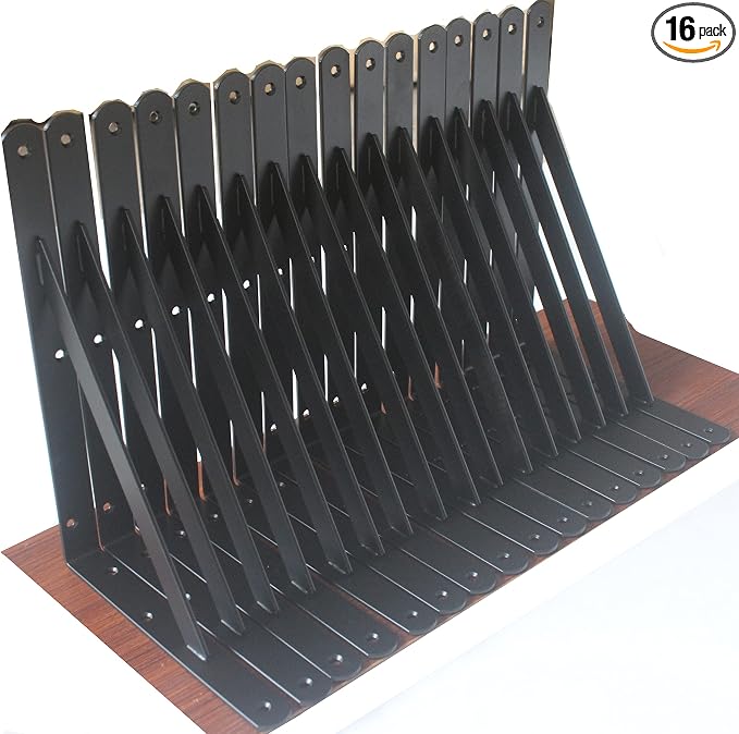 16 Pack L10 x H 8" Black Heavy Duty Shelf Brackets with Screws Metal Shelf Brackets Shelf Support Angle Brackets for Shelves L Brackets Heavy Duty Floating Shelf