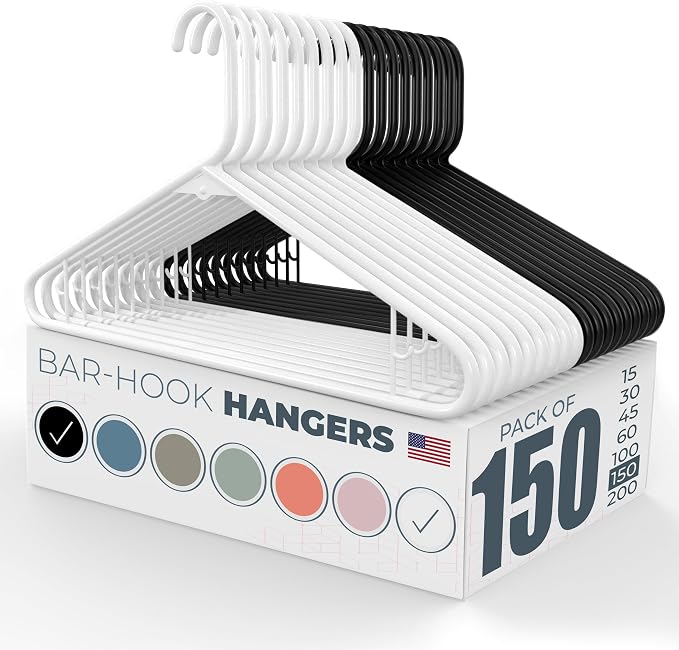 Plastic Hangers 100+ Pack (150 Count) – Made in the USA – 6lb Capacity Standard Clothes Hangers with Strap Hooks for Dresses, Lingerie, Shirts, Pants, and Jackets – White & Black