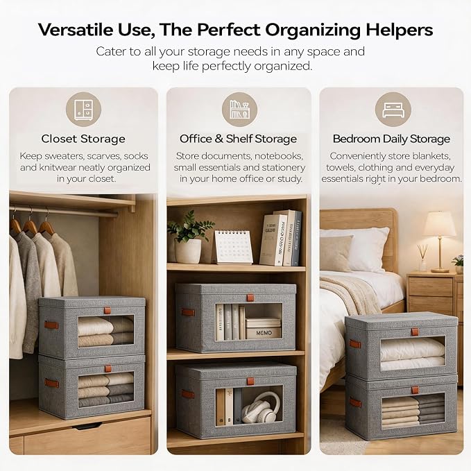6-Pack Large Storage Bins with Lids,Stackable&Collapsible Closet Storage Bins,Oxford Fabric Organizer Box with Clear Window,Large Decorative Storage Boxes for Closet,Dorm16.5"x11.8"x11"