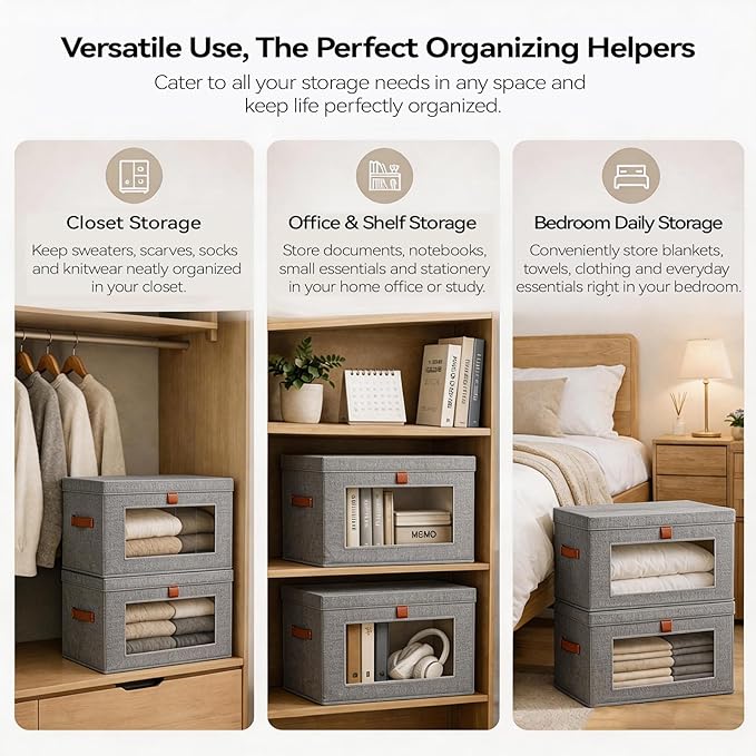 2-Pack Large Storage Bins with Lids,Stackable&Collapsible Closet Storage Bins,Oxford Fabric Organizer Box with Clear Window,Large Decorative Storage Boxes for Closet,Dorm16.5"x11.8"x11"