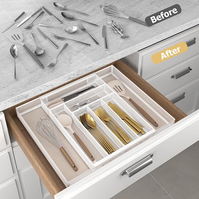 Sedegn Expandable Kitchen Utensil Organizer - 11.6" to 20" Adjustable Cutlery Tray with 6-8 Compartments - Fits Various Drawer Sizes & Holds Large Ladles Spatulas Forks Spoons & Knives White