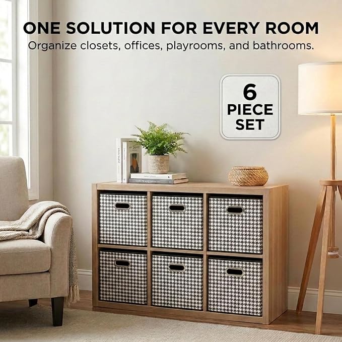 Household Essentials Foldable Fabric Storage Cubes 6-Pack – 11x11x11 Stackable Non-Woven Bins with Chipboard Sides & Grommet Handles – Closet, Shelf, Nursery, or Office Organizer – Houndstooth