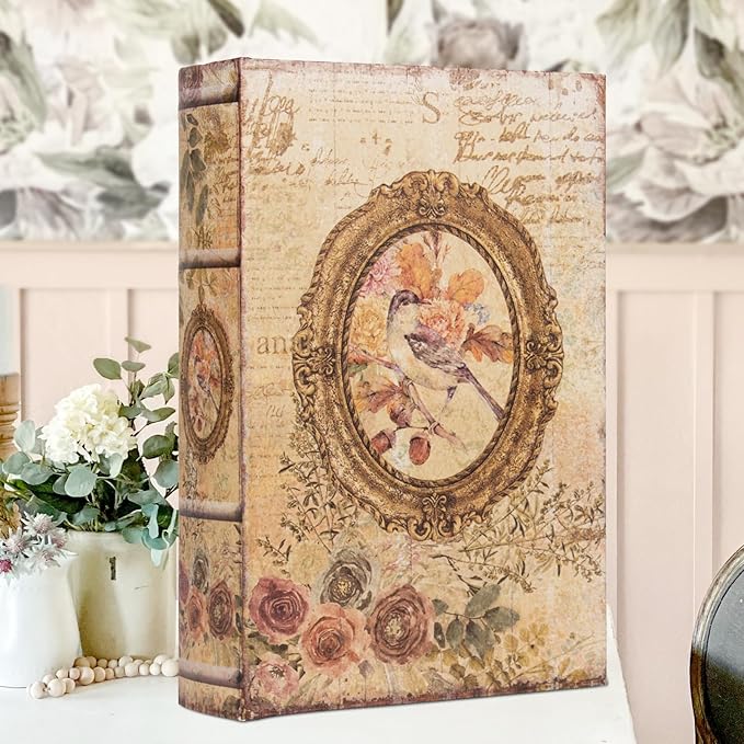 Decorative Vintage Style Fake Book Flowers Pattern Faux Leather Embossed Victorian Book Storage Box 3-04