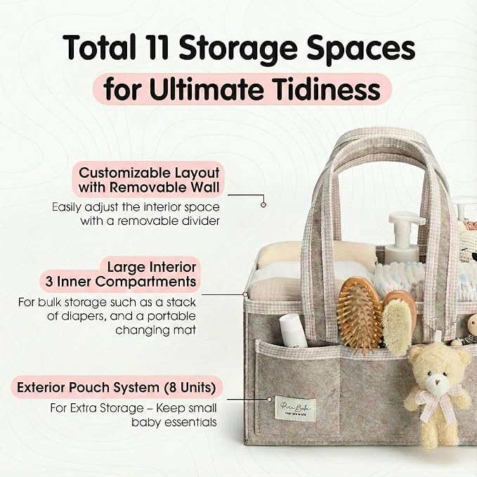 PeraBella Baby Diaper Caddy Organizer, Baby Basket Shower Gift Caddy, Portable Felt Changing Table Basket, Nursery Storage Bin, Newborn Boy and Girl Essentials for Registry, Car Diaper Organizer