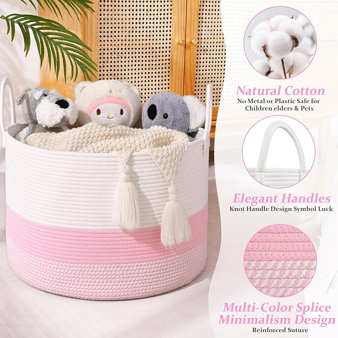 67L Large Woven Blanket Basket, Cotton Rope Baby Laundry Hamper with Handles, Kids Toy Basket for Classroom & Nursery, Soft Round Stuffed Animal Storage, Dog Toy Bin - 20"x13", Light Pink