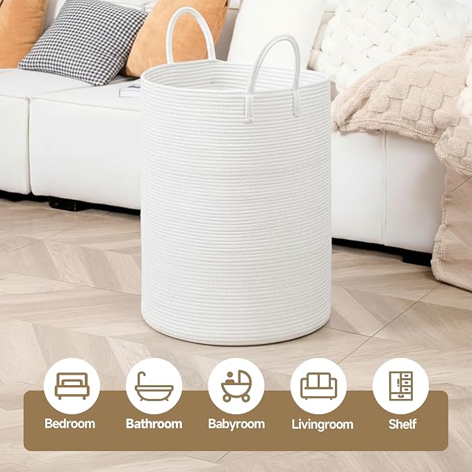 CLHMILY&Z Laundry Hamper Round Storage Rope Basket in Living Room, Bedroom, Laundry Room for Toy, Clothes, Blanket, Pillow (White, 80L)