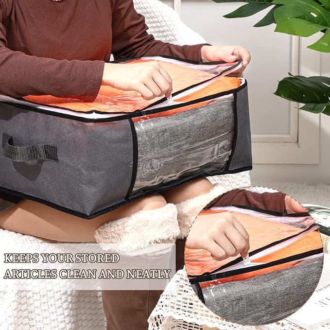 Sadnyy 6 Pcs Clear Storage Bags with Zippers Foldable Clothes Containers Case Plastic Organizer Large Sweater Storage Bins with Handles for Fabric Blanket Cloth Bedding(16 x 12 x 8 Inch,Gray)