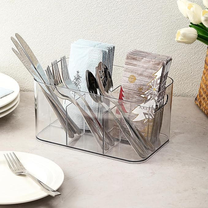 5-Compartment Clear Plastic Bin - Divided Art Supplies, Cosmetic Makeup Caddy Organizer - Multiuse Storage Container for Vanity, Bathroom, Kitchen, Office, Craft, Shower, Cleaning Items, (1 Pack)