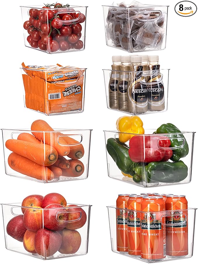 Set Of 8 Clear Pantry Organizer Bins - Plastic Stackable Fridge Organizer Bins For Kitchen, Cabinet And Countertops - BPA Free (4 Small & 4 Large)