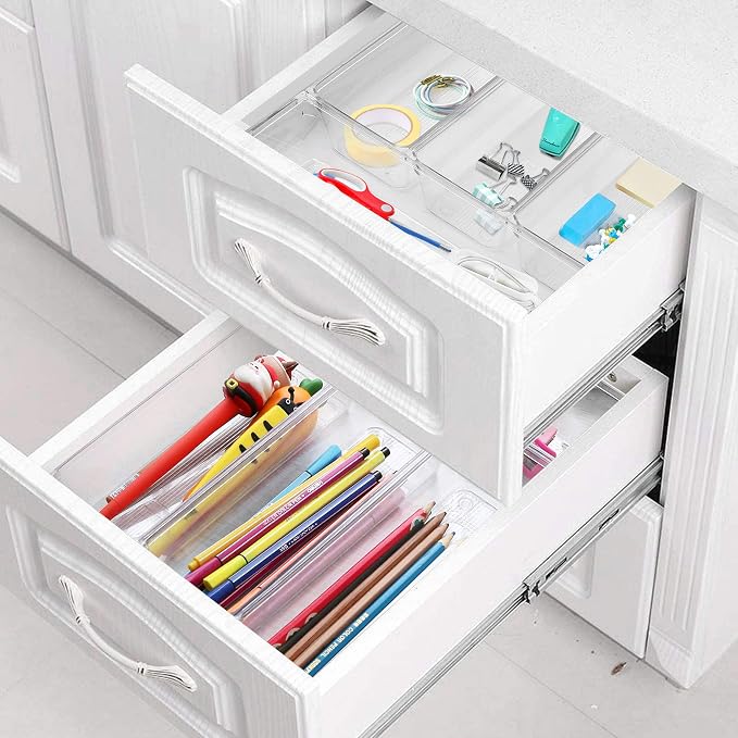 LotFancy 8 Pack Clear Plastic Drawer Organizers, 9.2''×3''×2'', Food Grade Storage Trays, Non-Slip Storage Bins for Kitchen Utensil, Silverware Cutlery, Bathroom, Office Desk, Makeup, Jewelry