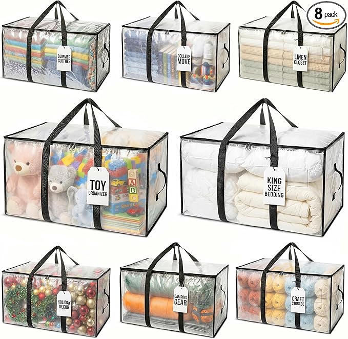 ClearSpace Heavy Duty Moving Bags or Storage Bags – Clear Storage Bins with Lids, Large Moving Boxes with Backpack Straps & Zippers – Packing Bags & Moving Supplies for College Dorm- 8 Pack