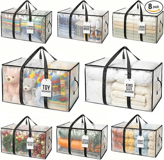 ClearSpace Heavy Duty Moving Bags or Storage Bags – Clear Storage Bins with Lids, Large Moving Boxes with Backpack Straps & Zippers – Packing Bags & Moving Supplies for College Dorm- 8 Pack