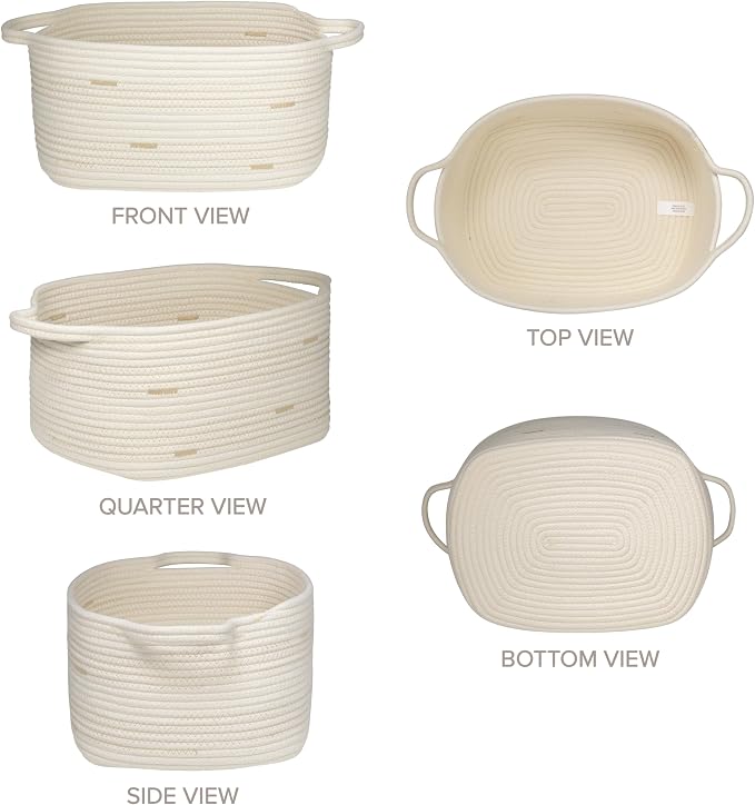 RGI Home Storage Baskets for Organizing, Fabric Rope, Set of 3, Decorative Woven Bins with Easy-Carry Handles, Multiple Sizes, Durable and Stylish, Ivory with Beige Accents