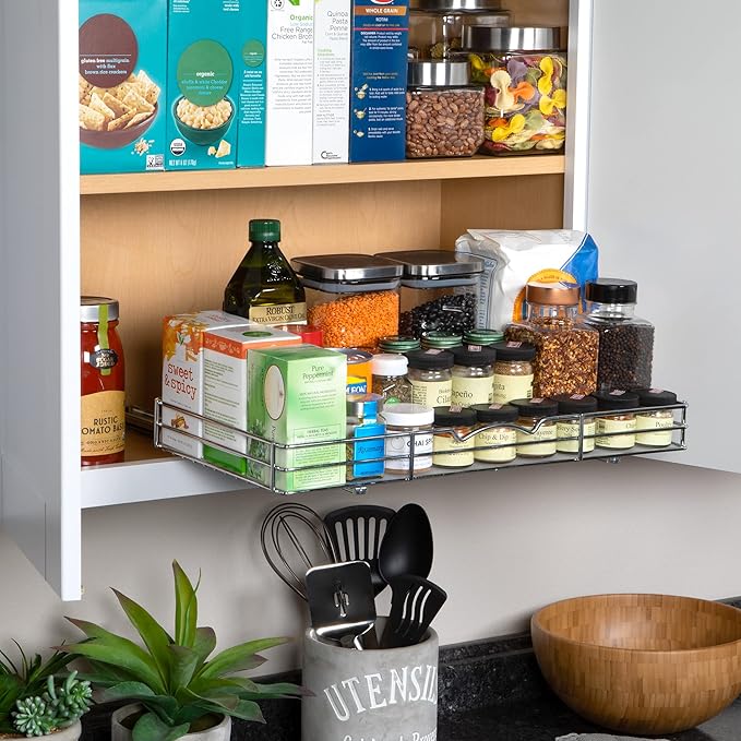 Pull-Out Cabinet Spice Rack Organizer, 20 ⅜"W x 10 ⅜"D x 2 ¾"H | Slim Slide-Out Storage for Spices, Bottles & Jars, Premium Heavy-Duty Steel, Easy Install for Narrow Kitchen Cabinets, Chrome