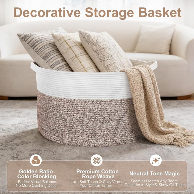 XXXL Large Laundry Basket, 105L Soft Cotton Rope Basket, Blanket Storage and Organizers, Baby Nursery Laundry Hamper, Extra Large Toys Storage Bins for Kids 23.6'' x 14.6'', White & Brown