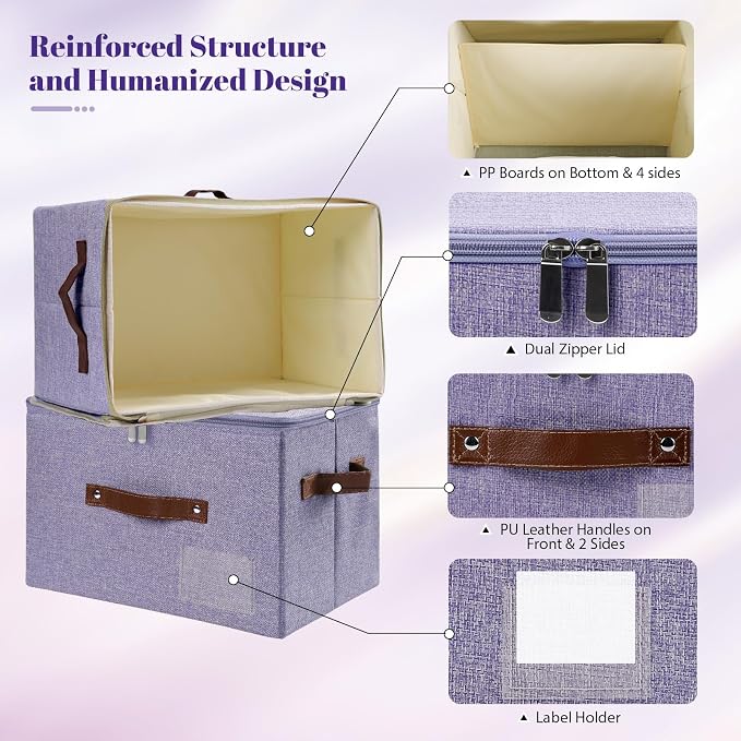 ANMINY 3PCS Storage Bins with Zipper Lid Storage Boxes with Label Holder PU Leather Handles Washable Foldable Decorative Lidded Cotton Linen Fabric Cubes Baskets Closet Organizer - Purple, Small