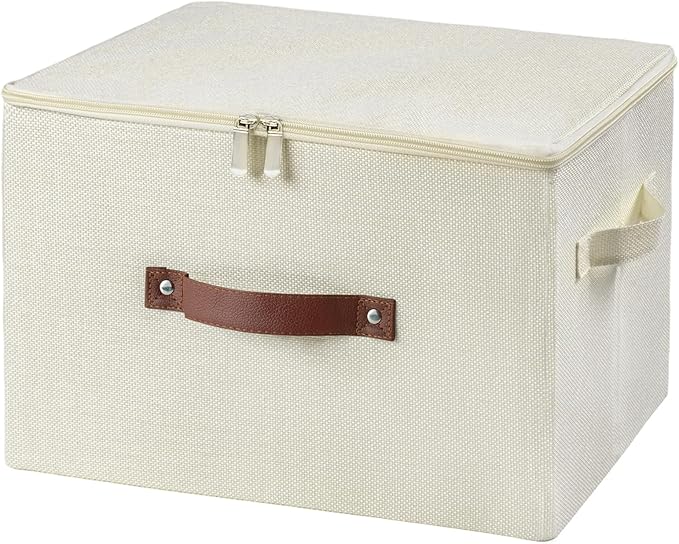 Storage Bins with Zipper Lid Foldable Fabric Lidded Storage Boxes Baskets Cubes Washable Collapsible PU Leather Handle Cotton Linen Fabric Shelf Closet Organizer Container(Beige, Large Size)