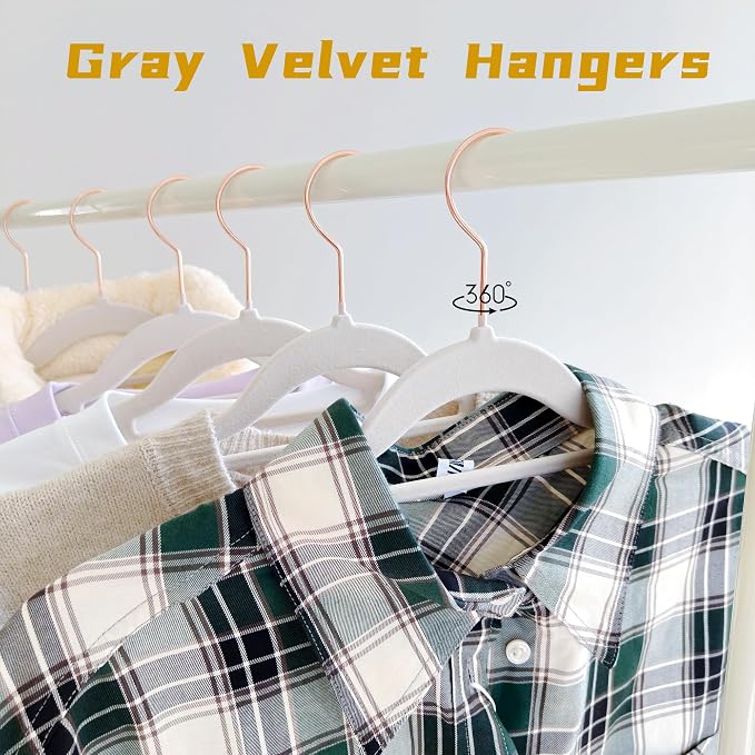 Gray Velvet Hangers 30 Pack - Rose Gold Hook, Space Saving Non-Slip Clothes Hangers, 16.5 Inch with Tie Bar for Coats,Sweater,Jackets,Dresses, Shirts, Suits & T-Shirts