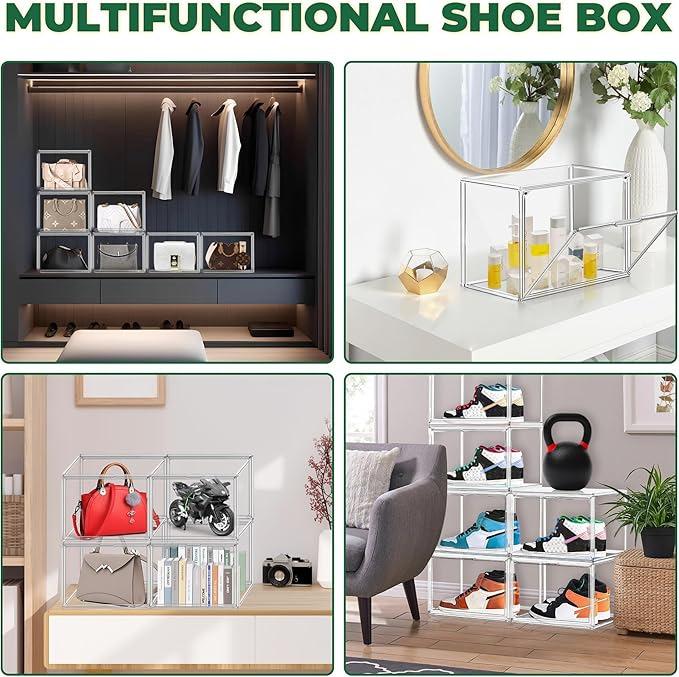 3 Pack X-Large Acrylic Shoe Display Case Size 14 Clear Stackable Handbag Organizer Sneaker Storage Box Shoe Contianers with Magnetic Door Purse Organizer for Closet