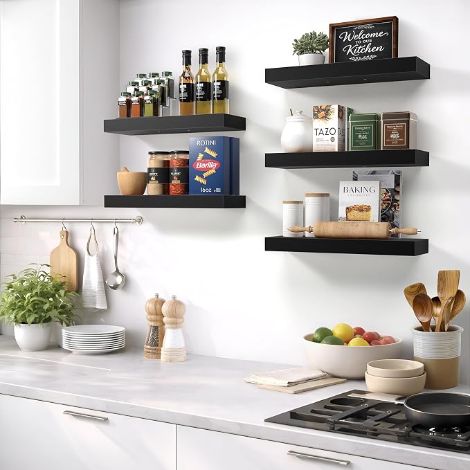 Sorbus Floating Shelves for Wall – 16 Inch Floating Shelf for Kitchen, Bedroom, Living Room, Bathroom, Home & Wall Decor - Mounted Bathroom Shelves with Invisible Brackets (Black, 3 Pack)