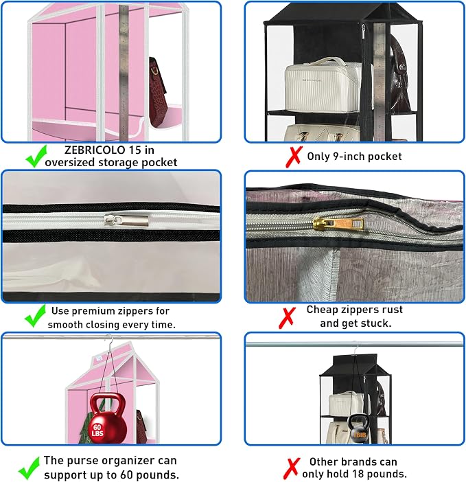 Purse Organizer for Closet, with Zippered-Dustproof, Purse Organizer, Designed for Oversized Wallets & Holds 8-16 Purses, Hanging Purse Organizer for Closet, Pink-Purse Storage