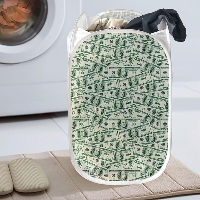 AFPANQZ Mesh Popup Laundry Hamper Large Collapsible Laundry Basket Width Side with Pocket, Dollar Print Foldable Clothes Hamper for Collage Dorms Kids Rooms Travel Save Place 61L
