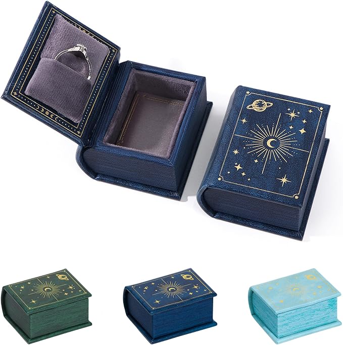 Vintage Magic Book-Shaped Ring Box Starry Sky Pattern PU Leather with Magnetic Closure for Proposal Engagement Gift (Blue)