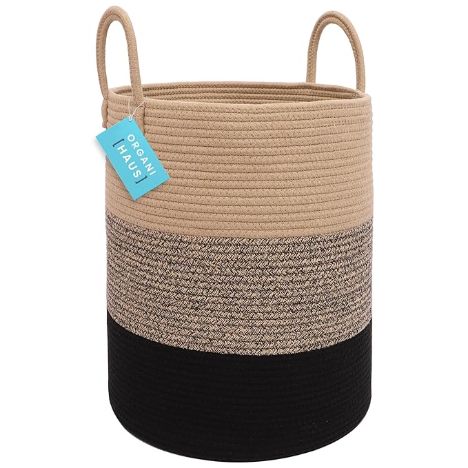 OrganiHaus Tall Cotton Rope Laundry Basket & Hamper, Blanket Storage 52L | 3-Toned Brown - Tall Cotton Rope Hamper, 52L