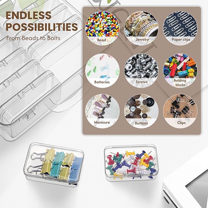 zoeynex Small Bead Organizers and Storage, 12 Clear Plastic Boxes with Hinged Lids, for Beads, Jewelry Making, Crafts, Hardware, Fishing Tackle, Small Parts (32 Labels)
