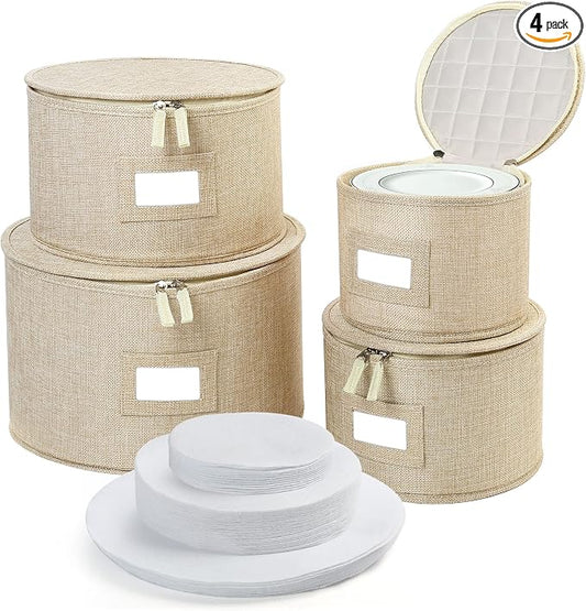 LotFancy China Storage Containers, Hard Shell, 4PCS Set, Dish Saucer Plate Storage Box for Moving, Stackable Dinnerware Organizer Bins with 48 Felt Dividers, Beige