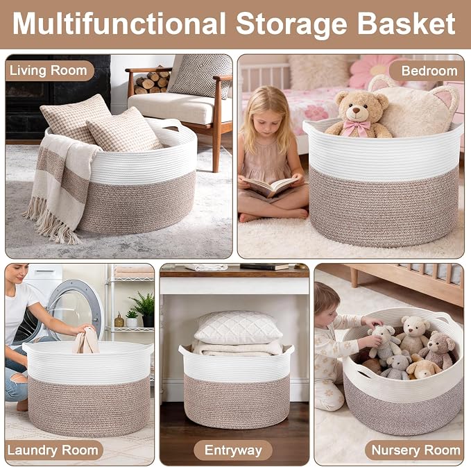 90L Extra Large Blanket Basket for Living Room - Cotton Rope Laundry Hamper Woven Baskets XXL Storage Bin with Handles for Dirty Clothes, Kids, Pets, Toys, Bedroom, 23'' x 23'' x 13'', White & Brown