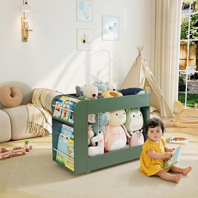 Wooden Kids Bookshelf and Toy Storage Organizer with Side Drawing Chalkboard, 3-in-1 Mobile Stuffed Animal Storage Zoo, Rolling Toy Box Container on 4 Wheels for Kids Room Playroom Nursery, Green