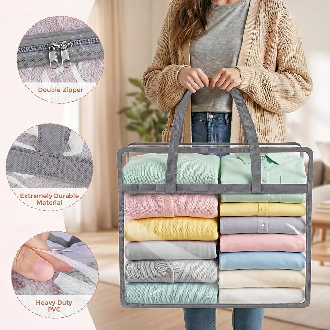 Budding Joy Clear Zippered Storage Bags for Clothes,40L Closet Organizers and Storage Containers Vinyl Moving Bag for Bedding, Linen, Blankets, Comforters, Clothing & Toys, Grey, 4 Pack