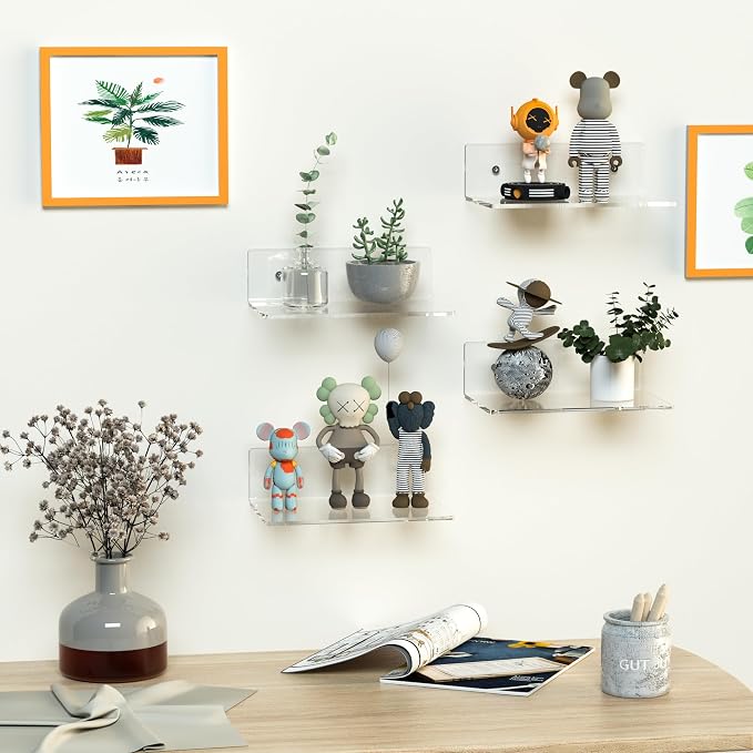9 Inch Clear Wall Shelves, Acrylic Small Floating Shelf, Home Wall Display Shelf for Storage, Room Décor, Space Saving, Items Organizer, Bathroom Organizer, 4 Pack