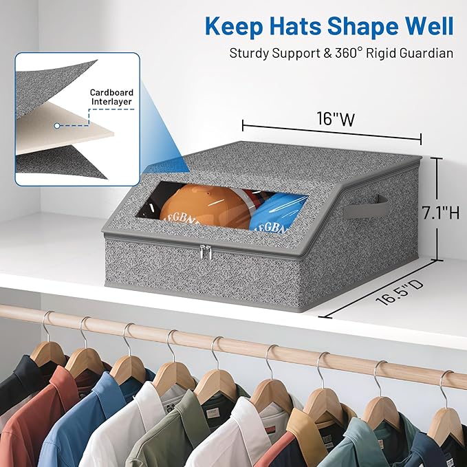 AOODA Sturdy Hat Storage for Baseball Caps, Holds up to 24 Caps Clear Hat Organizer for Closet, Bedroom, Wide Hat Box with Cardboard (Slate Grey)